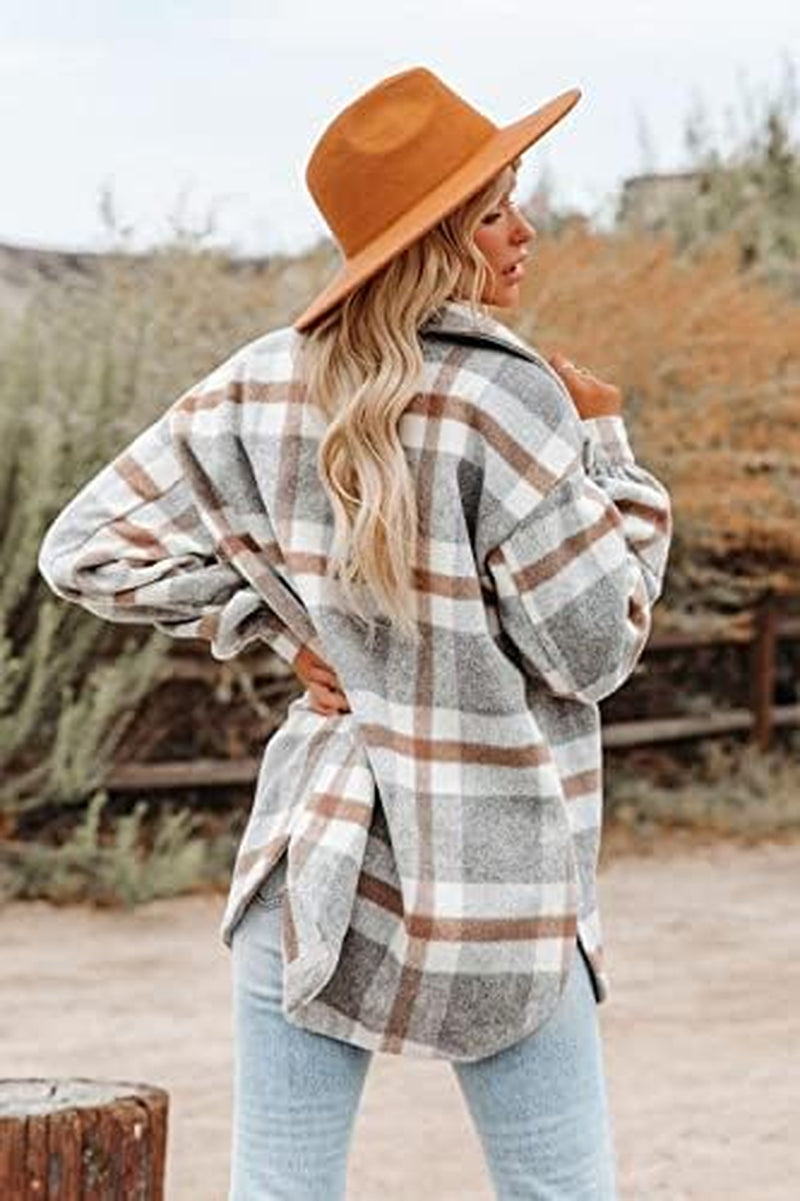 Women'S Casual Flannel Plaid Shacket Button down Long Sleeve Shirt Jacket Coats with Pockets