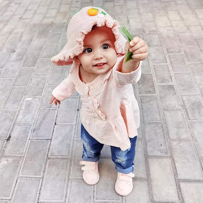 Toddler Baby Girl Outfits Ruffle Sleeve Linen Shirt Cute Ripped Jeans Kids Denim Pants Set Infant Baby Clothes Girl