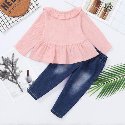 Toddler Baby Girl Outfits Ruffle Sleeve Linen Shirt Cute Ripped Jeans Kids Denim Pants Set Infant Baby Clothes Girl